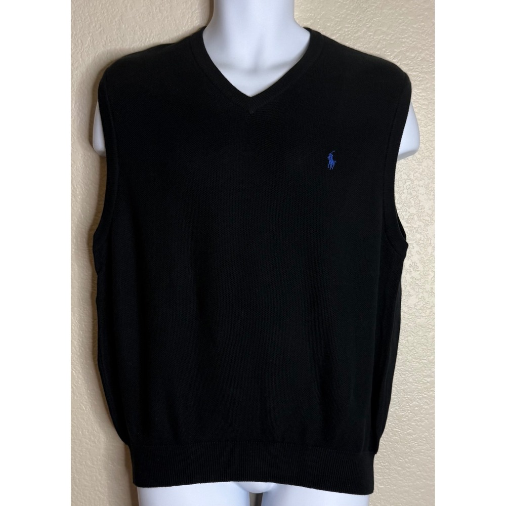 Polo Golf Ralph Lauren Mens L Sweater Vest Black Cotton V Neck Knit Logo Preppy